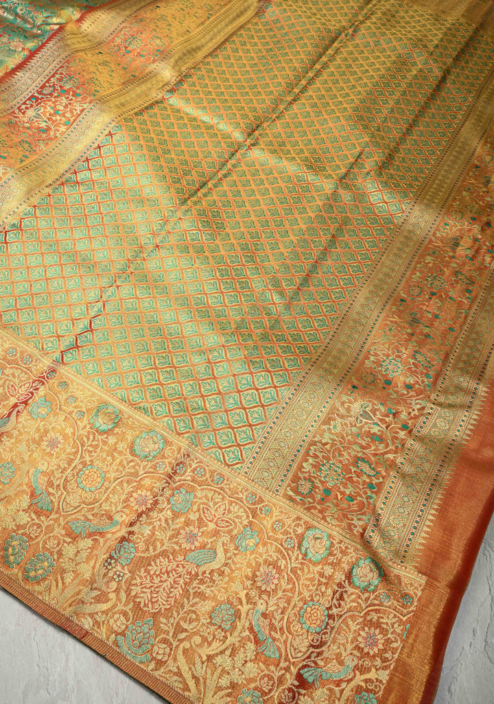 Green Meenakari Detailing on Tissue Kanjivaram Pure Silk Saree With Floral Jaal Brocade and Contrast Wide Zari Border | SILK MARK CERTIFIED