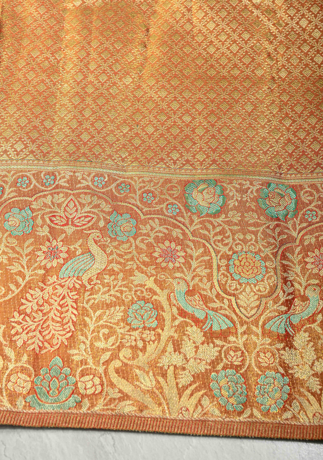 Green Meenakari Detailing on Tissue Kanjivaram Pure Silk Saree With Floral Jaal Brocade and Contrast Wide Zari Border | SILK MARK CERTIFIED