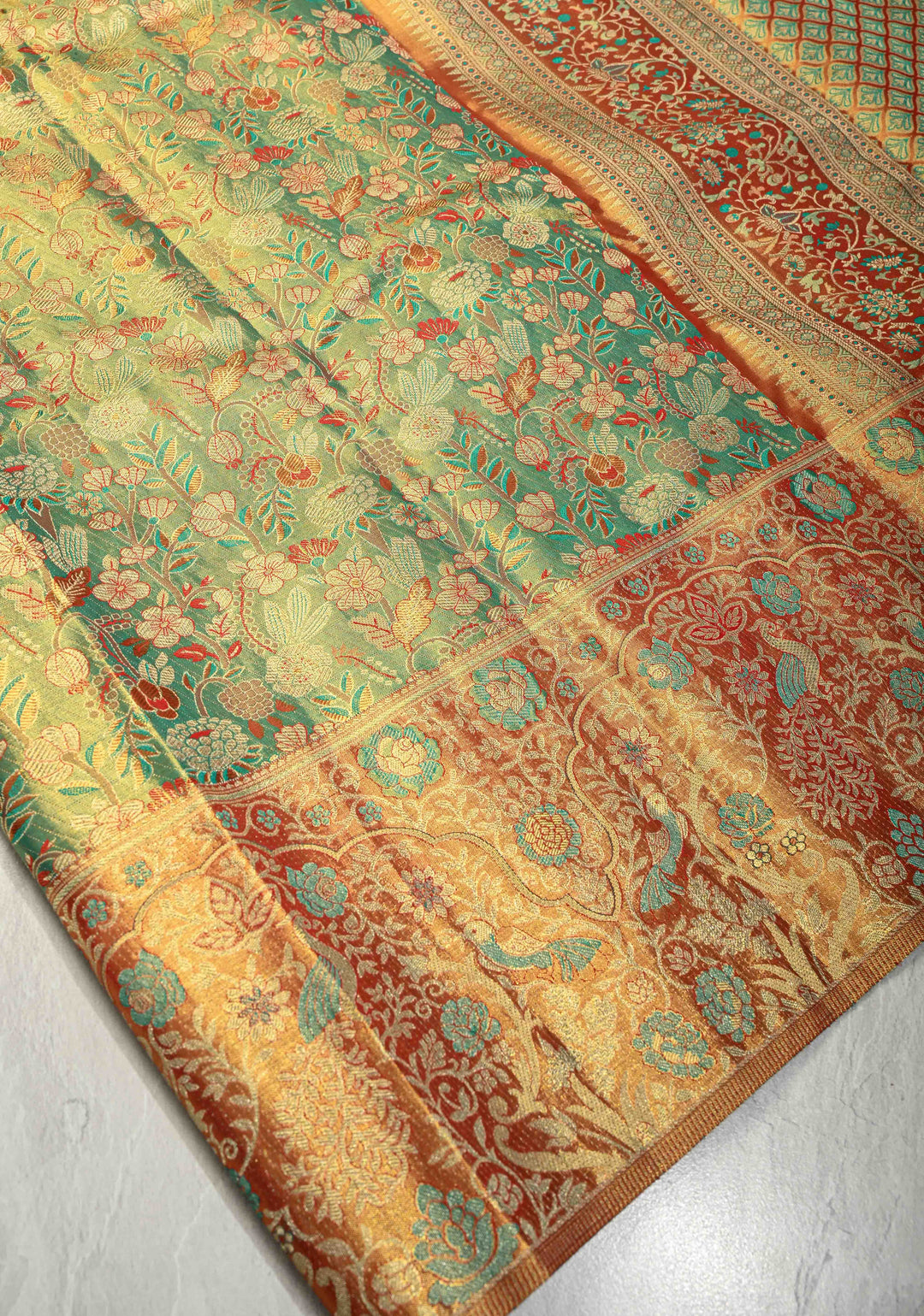 Green Meenakari Detailing on Tissue Kanjivaram Pure Silk Saree With Floral Jaal Brocade and Contrast Wide Zari Border | SILK MARK CERTIFIED