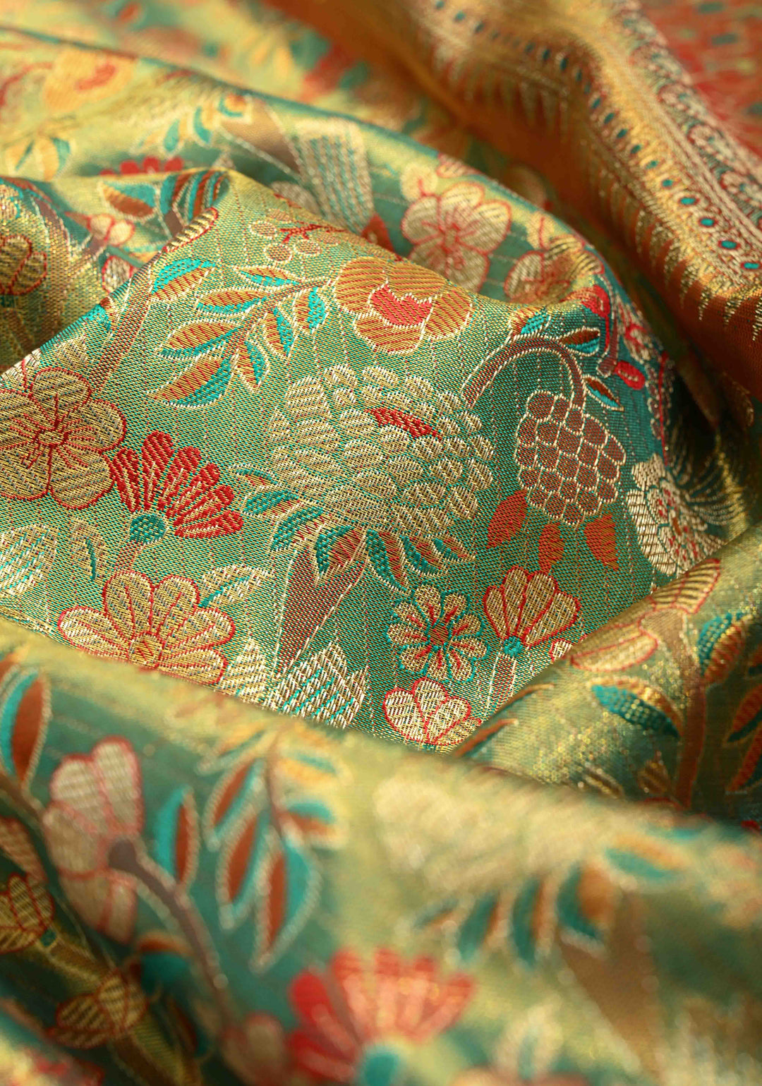 Green Meenakari Detailing on Tissue Kanjivaram Pure Silk Saree With Floral Jaal Brocade and Contrast Wide Zari Border | SILK MARK CERTIFIED