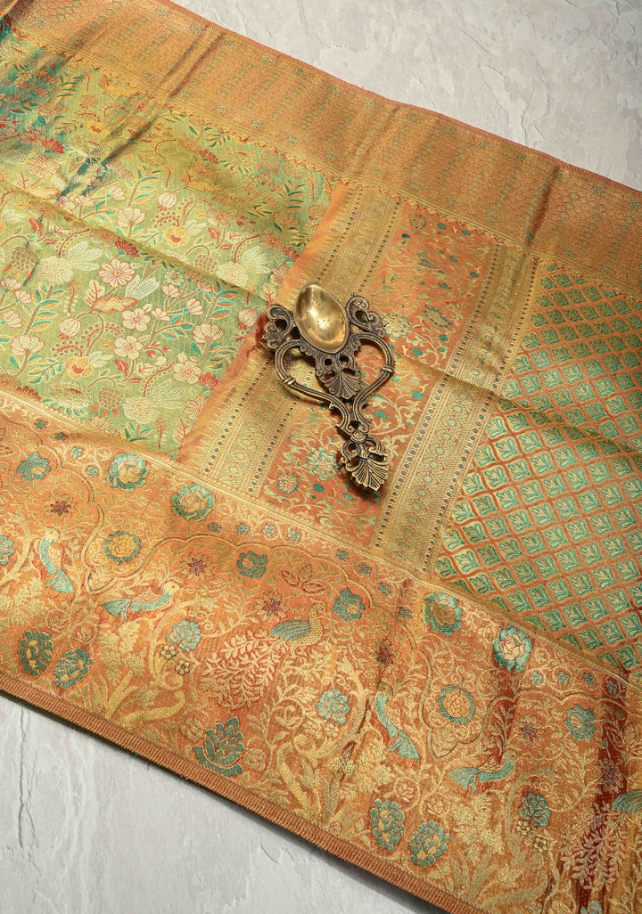 Green Meenakari Detailing on Tissue Kanjivaram Pure Silk Saree With Floral Jaal Brocade and Contrast Wide Zari Border | SILK MARK CERTIFIED