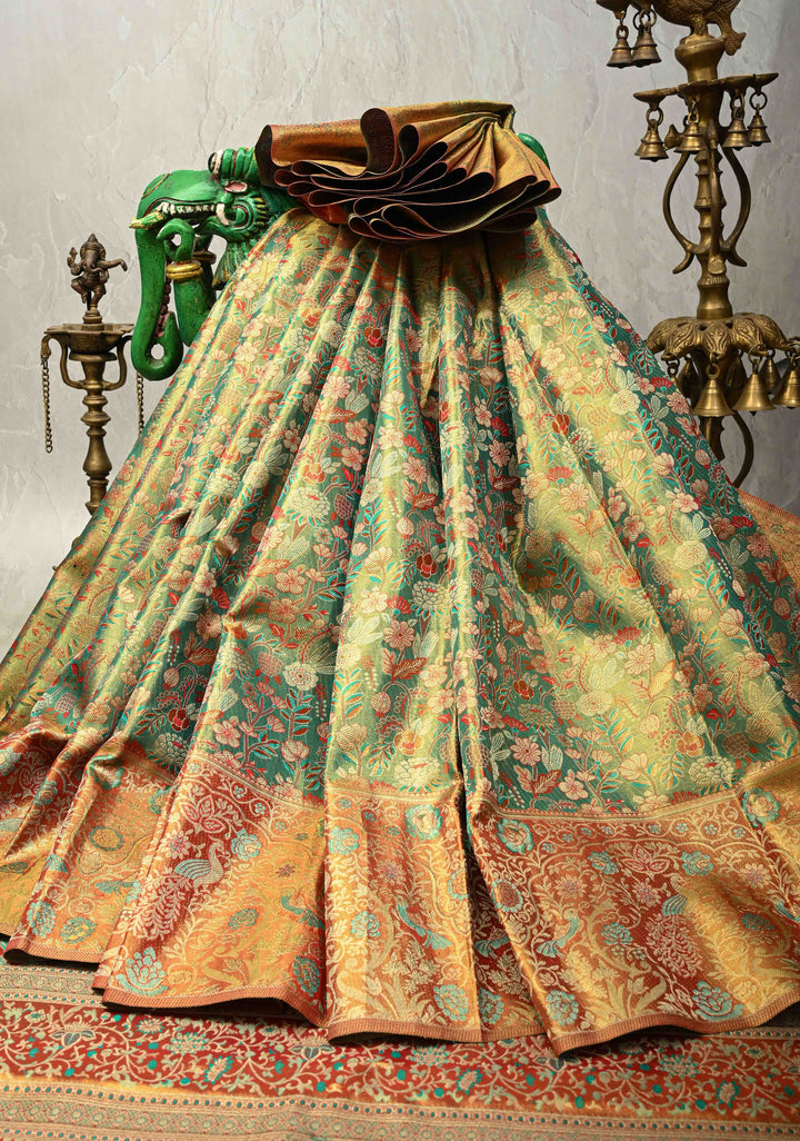 Green Meenakari Detailing on Tissue Kanjivaram Pure Silk Saree With Floral Jaal Brocade and Contrast Wide Zari Border | SILK MARK CERTIFIED