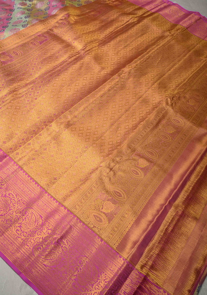 Pink-Green Rangkaat Style on Pure Kanjivaram Tissue Silk Saree with Diagonal Pattern and Zari Border | SILK MARK CERTIFIED