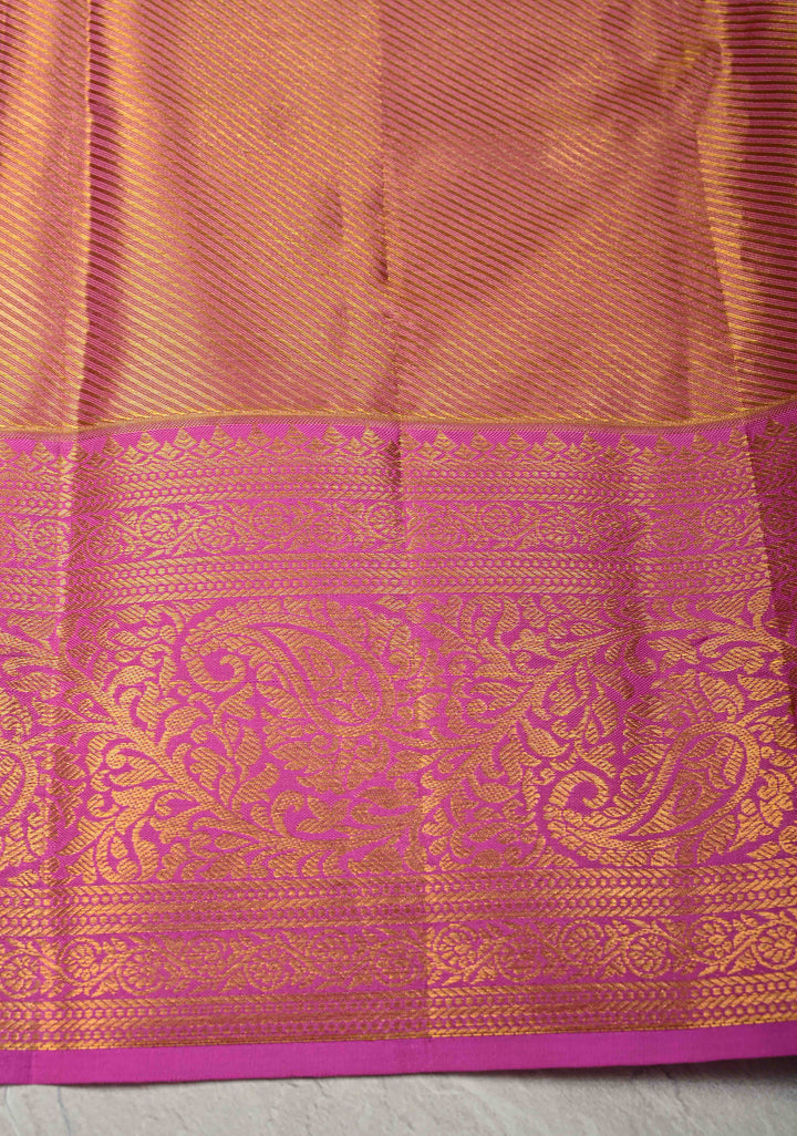 Pink-Green Rangkaat Style on Pure Kanjivaram Tissue Silk Saree with Diagonal Pattern and Zari Border | SILK MARK CERTIFIED