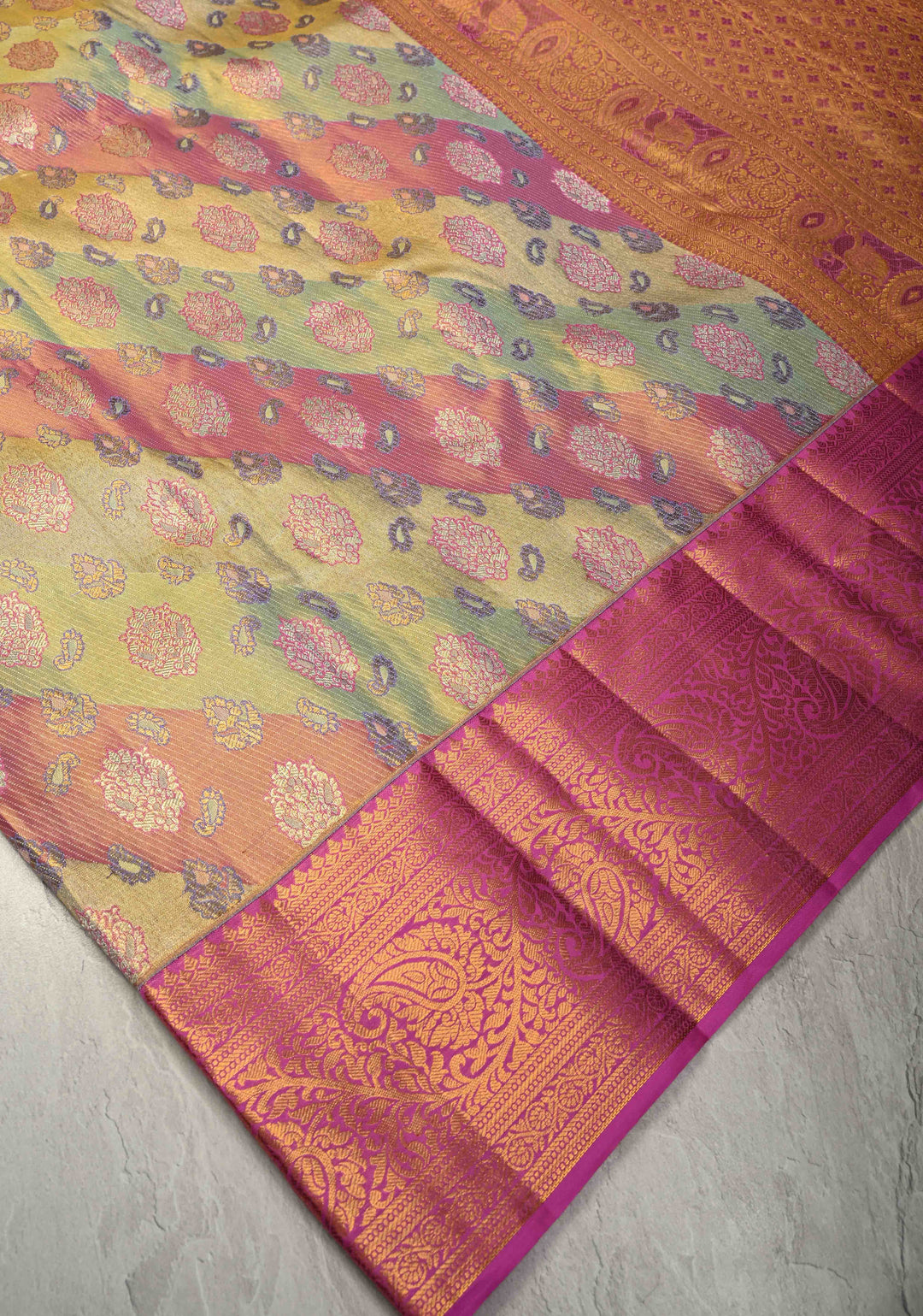 Pink-Green Rangkaat Style on Pure Kanjivaram Tissue Silk Saree with Diagonal Pattern and Zari Border | SILK MARK CERTIFIED