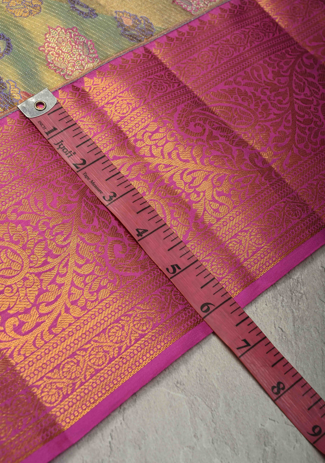 Pink-Green Rangkaat Style on Pure Kanjivaram Tissue Silk Saree with Diagonal Pattern and Zari Border | SILK MARK CERTIFIED
