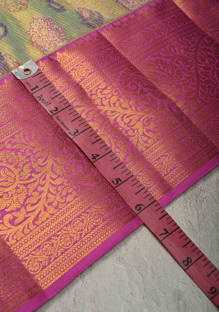 Pink-Green Rangkaat Style on Pure Kanjivaram Tissue Silk Saree with Diagonal Pattern and Zari Border | SILK MARK CERTIFIED