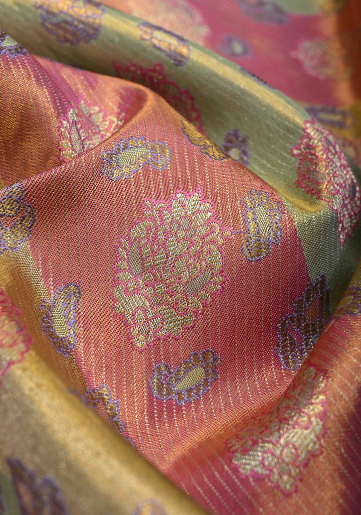 Pink-Green Rangkaat Style on Pure Kanjivaram Tissue Silk Saree with Diagonal Pattern and Zari Border | SILK MARK CERTIFIED