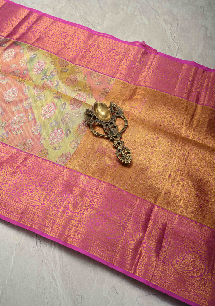 Pink-Green Rangkaat Style on Pure Kanjivaram Tissue Silk Saree with Diagonal Pattern and Zari Border | SILK MARK CERTIFIED