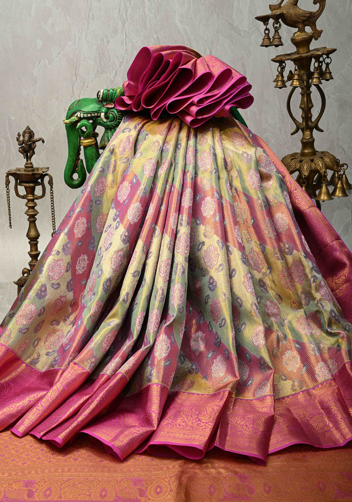 Pink-Green Rangkaat Style on Pure Kanjivaram Tissue Silk Saree with Diagonal Pattern and Zari Border | SILK MARK CERTIFIED