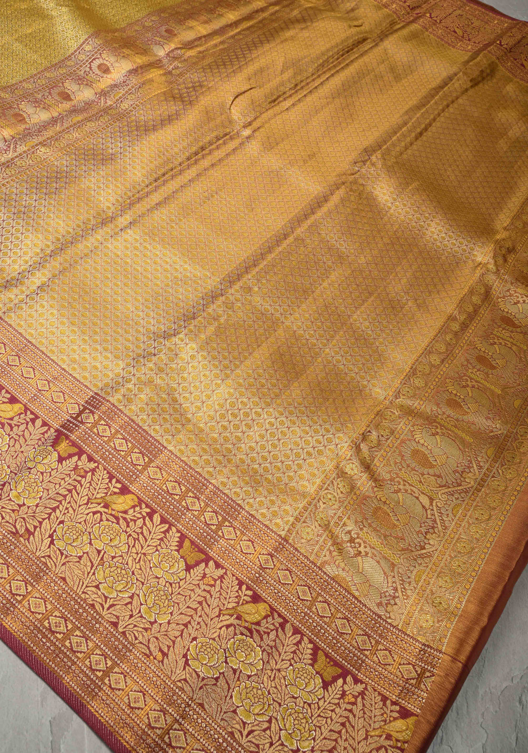 Gold Pure Kanjivaram Tissue Silk Saree with Rangoli Brocade Jaal and Contrast Meenakari Birds-Floral Border | SILK MARK CERTIFIED