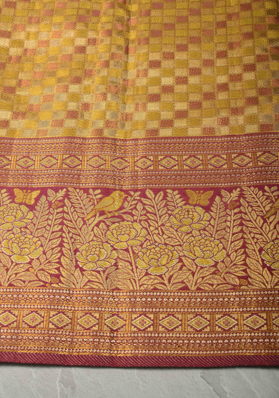 Gold Pure Kanjivaram Tissue Silk Saree with Rangoli Brocade Jaal and Contrast Meenakari Birds-Floral Border | SILK MARK CERTIFIED