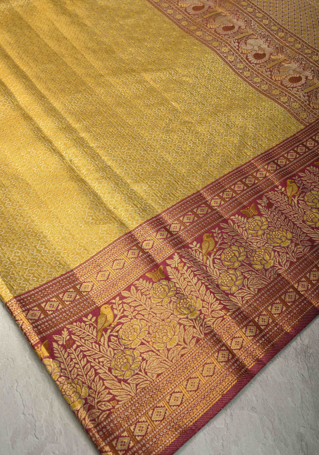 Gold Pure Kanjivaram Tissue Silk Saree with Rangoli Brocade Jaal and Contrast Meenakari Birds-Floral Border | SILK MARK CERTIFIED