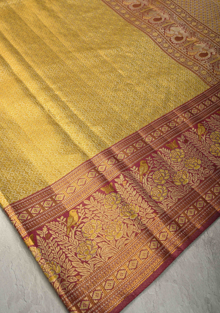Gold Pure Kanjivaram Tissue Silk Saree with Rangoli Brocade Jaal and Contrast Meenakari Birds-Floral Border | SILK MARK CERTIFIED