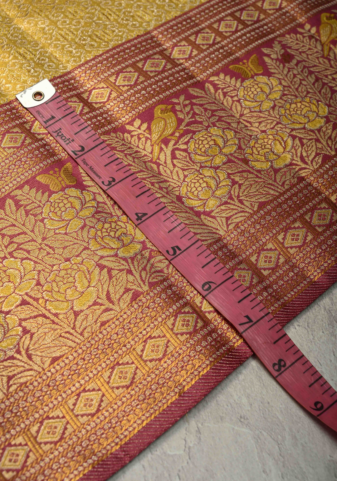 Gold Pure Kanjivaram Tissue Silk Saree with Rangoli Brocade Jaal and Contrast Meenakari Birds-Floral Border | SILK MARK CERTIFIED