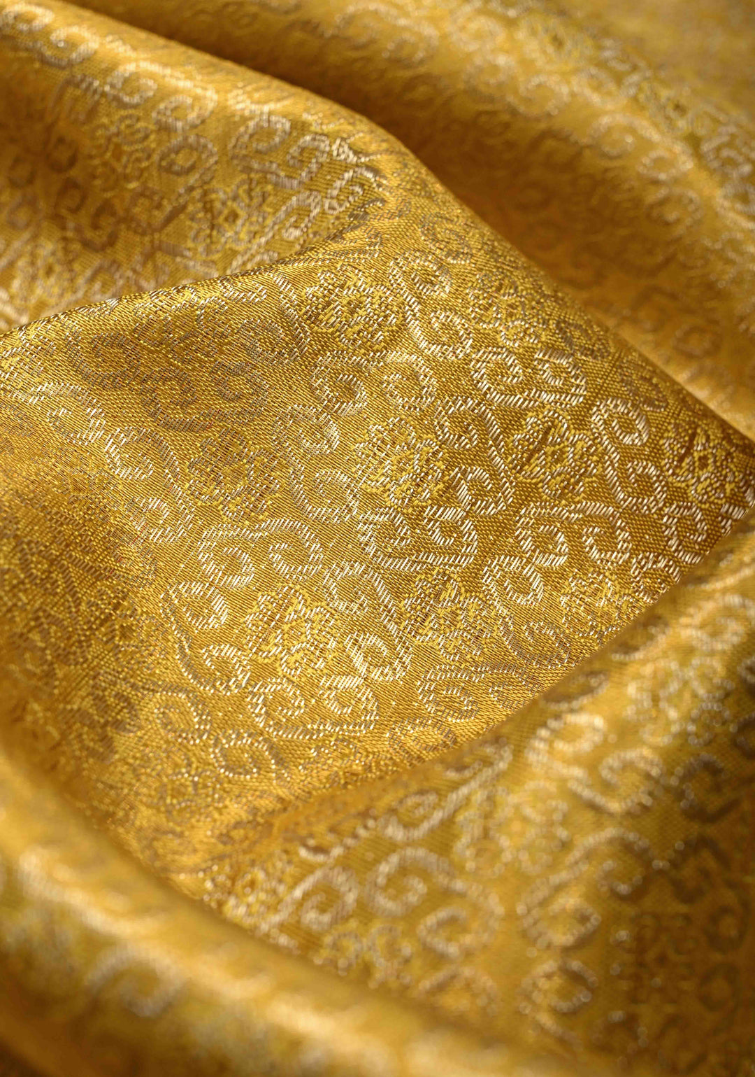 Gold Pure Kanjivaram Tissue Silk Saree with Rangoli Brocade Jaal and Contrast Meenakari Birds-Floral Border | SILK MARK CERTIFIED