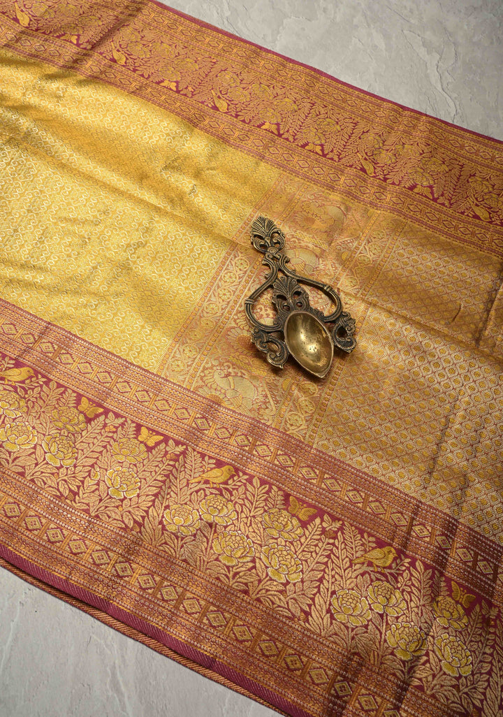 Gold Pure Kanjivaram Tissue Silk Saree with Rangoli Brocade Jaal and Contrast Meenakari Birds-Floral Border | SILK MARK CERTIFIED