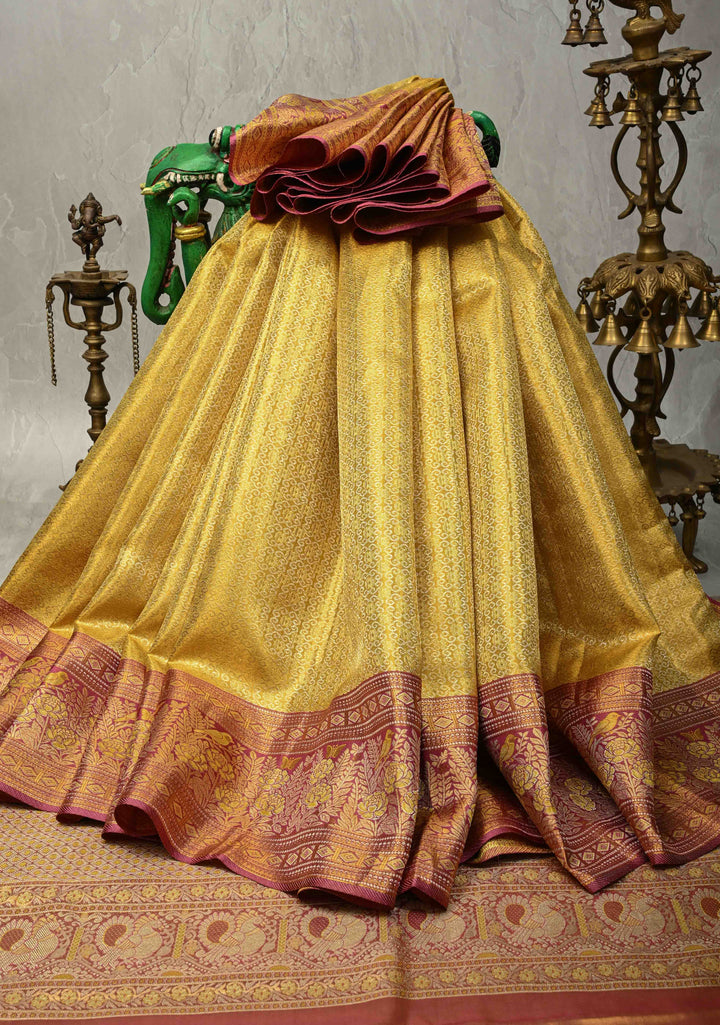 Gold Pure Kanjivaram Tissue Silk Saree with Rangoli Brocade Jaal and Contrast Meenakari Birds-Floral Border | SILK MARK CERTIFIED