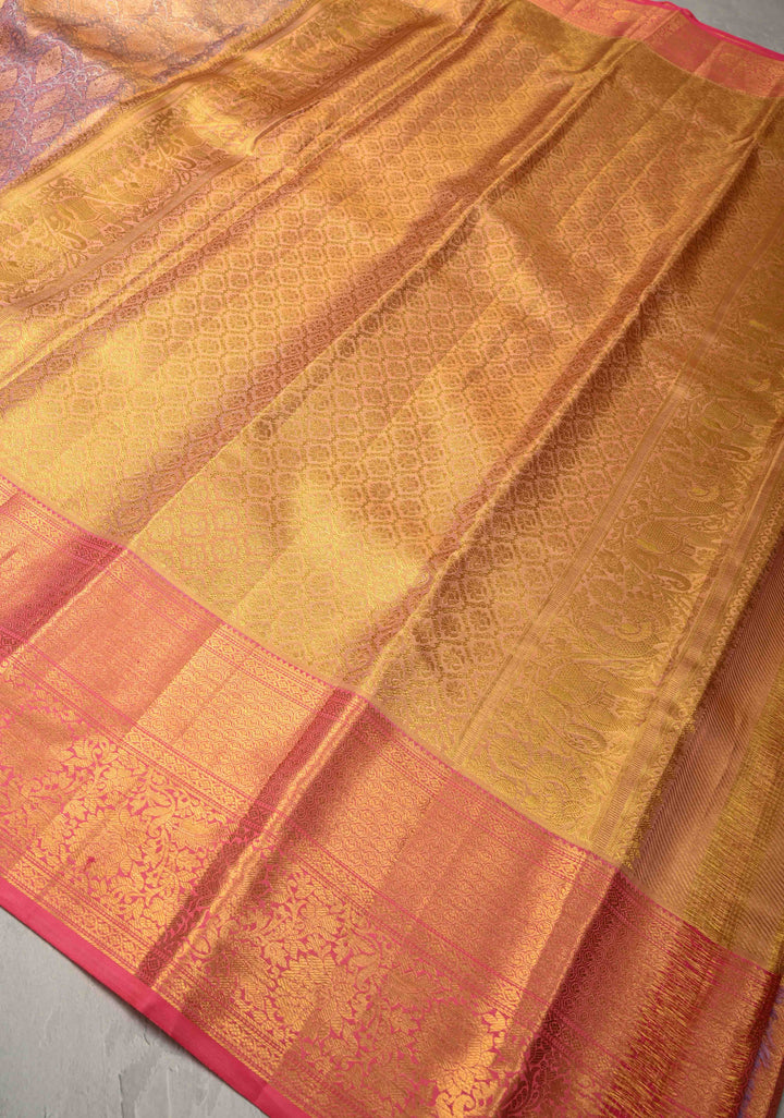 Peach-Purple Dual Tone Pure Kanjivaram Tissue Silk Saree with Meenakari Brocade Jaal and Zari Border | SILK MARK CERTIFIED | SHOBITAM