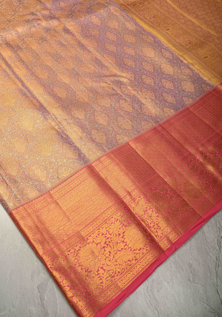 Peach-Purple Dual Tone Pure Kanjivaram Tissue Silk Saree with Meenakari Brocade Jaal and Zari Border | SILK MARK CERTIFIED | SHOBITAM