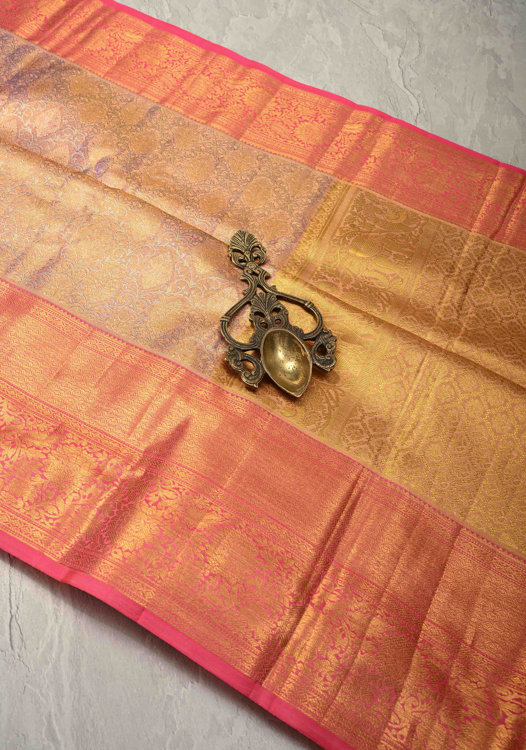 Peach-Purple Dual Tone Pure Kanjivaram Tissue Silk Saree with Meenakari Brocade Jaal and Zari Border | SILK MARK CERTIFIED | SHOBITAM