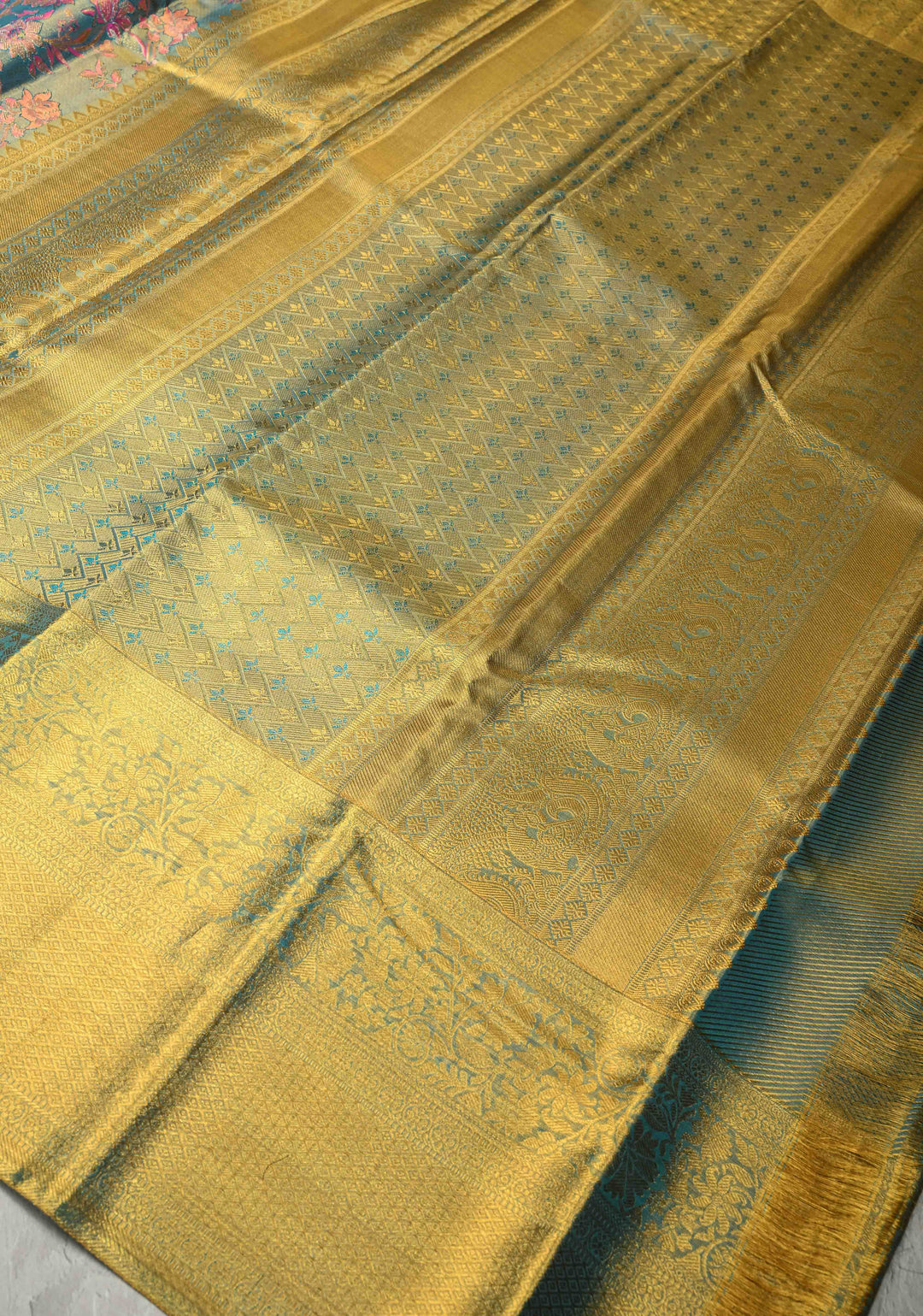 Peacock Blue Pure Kanjivaram Tissue Silk Saree with Meenakari Floral Jaal and Zari Border | SILK MARK CERTIFIED