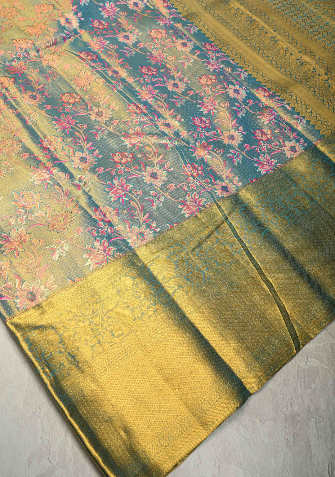 Peacock Blue Pure Kanjivaram Tissue Silk Saree with Meenakari Floral Jaal and Zari Border | SILK MARK CERTIFIED