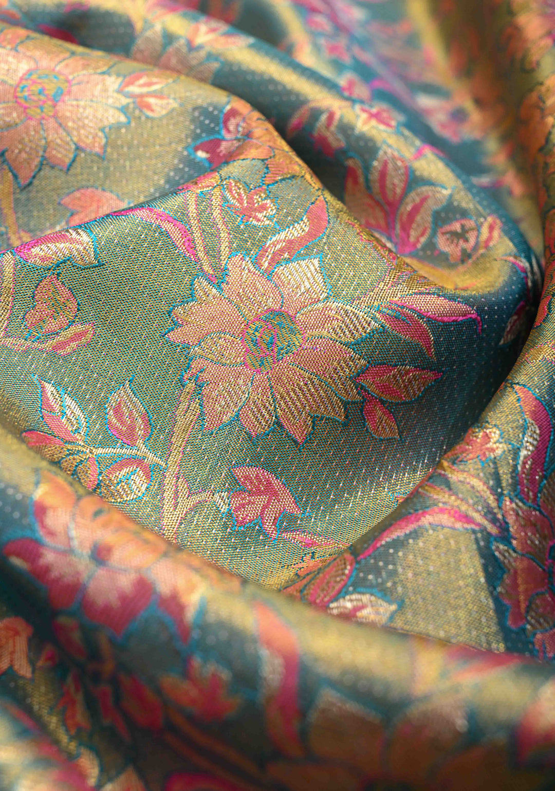 Peacock Blue Pure Kanjivaram Tissue Silk Saree with Meenakari Floral Jaal and Zari Border | SILK MARK CERTIFIED