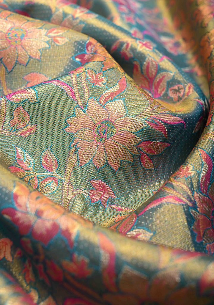 Peacock Blue Pure Kanjivaram Tissue Silk Saree with Meenakari Floral Jaal and Zari Border | SILK MARK CERTIFIED