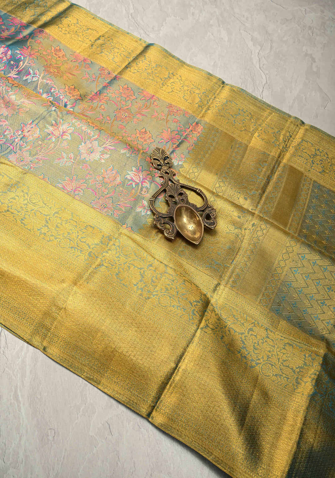 Peacock Blue Pure Kanjivaram Tissue Silk Saree with Meenakari Floral Jaal and Zari Border | SILK MARK CERTIFIED
