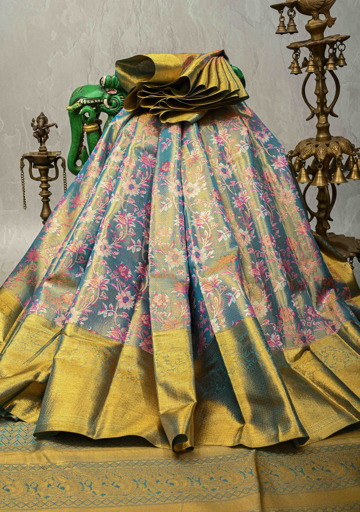 Peacock Blue Pure Kanjivaram Tissue Silk Saree with Meenakari Floral Jaal and Zari Border | SILK MARK CERTIFIED