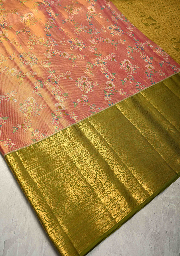 Raspberry Pink Pure Kanjivaram Tissue Silk Saree with Meenakari Floral Jaal and Contrast Zari Border | SILK MARK CERTIFIED
