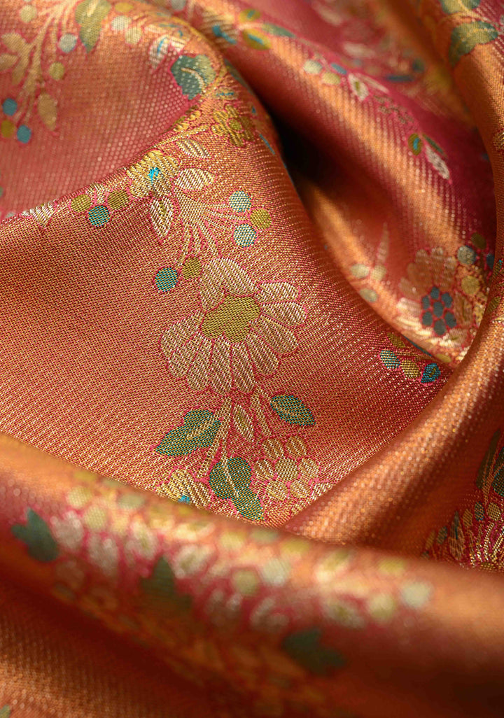 Raspberry Pink Pure Kanjivaram Tissue Silk Saree with Meenakari Floral Jaal and Contrast Zari Border | SILK MARK CERTIFIED