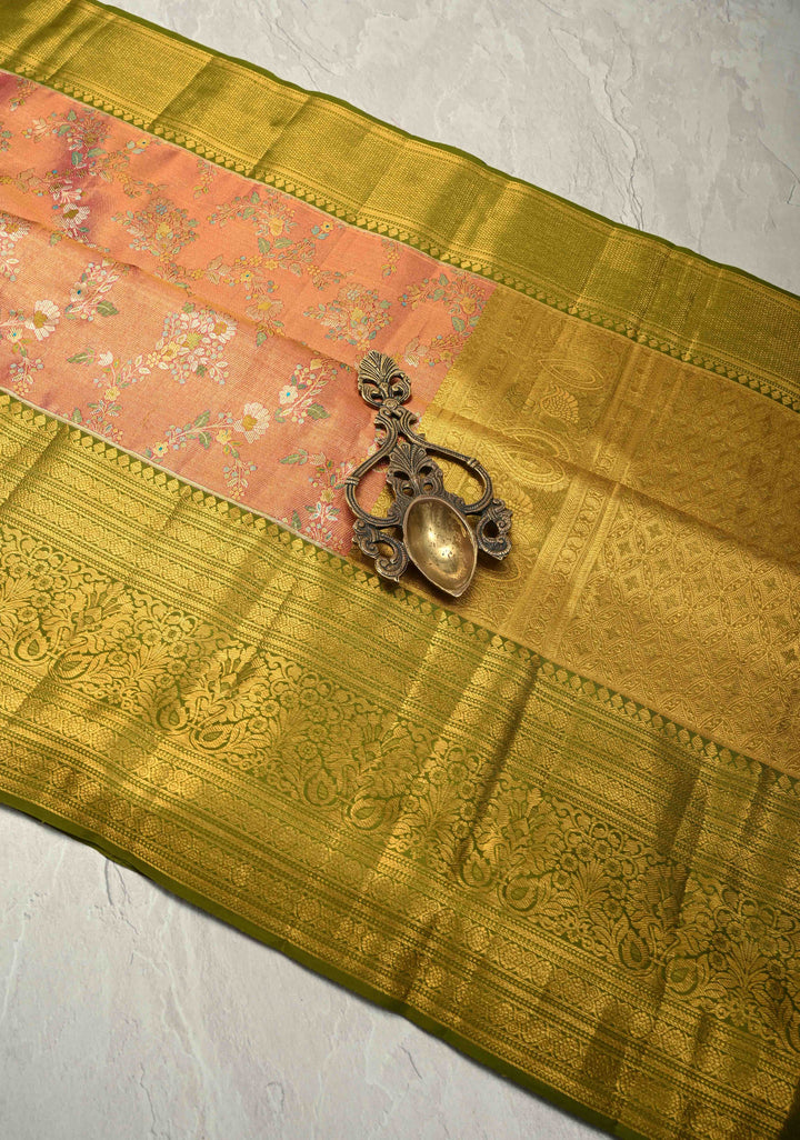 Raspberry Pink Pure Kanjivaram Tissue Silk Saree with Meenakari Floral Jaal and Contrast Zari Border | SILK MARK CERTIFIED