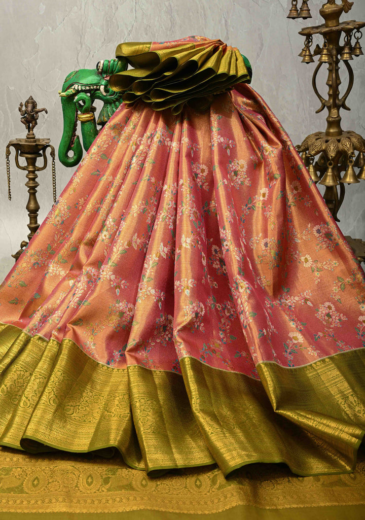 Raspberry Pink Pure Kanjivaram Tissue Silk Saree with Meenakari Floral Jaal and Contrast Zari Border | SILK MARK CERTIFIED