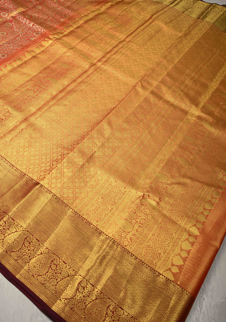 Mustard Dual tone Pure Kanjivaram Tissue Silk Saree with Meenakari Floral Brocade Jaal and Zari Border | SILK MARK CERTIFIED