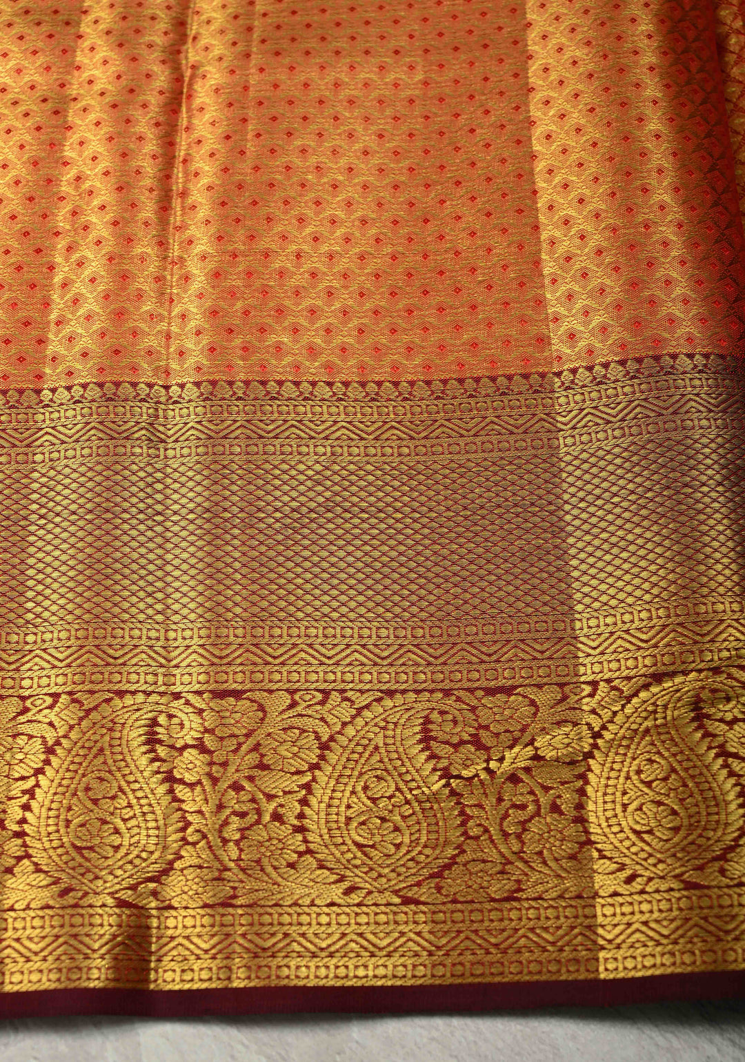 Mustard Dual tone Pure Kanjivaram Tissue Silk Saree with Meenakari Floral Brocade Jaal and Zari Border | SILK MARK CERTIFIED