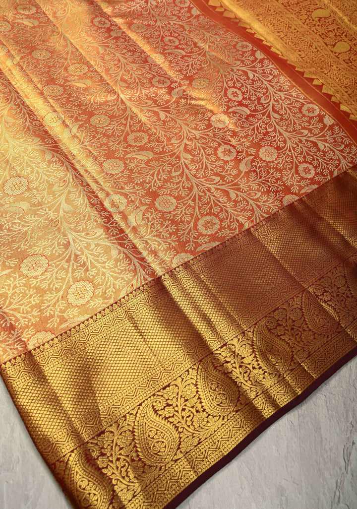 Mustard Dual tone Pure Kanjivaram Tissue Silk Saree with Meenakari Floral Brocade Jaal and Zari Border | SILK MARK CERTIFIED