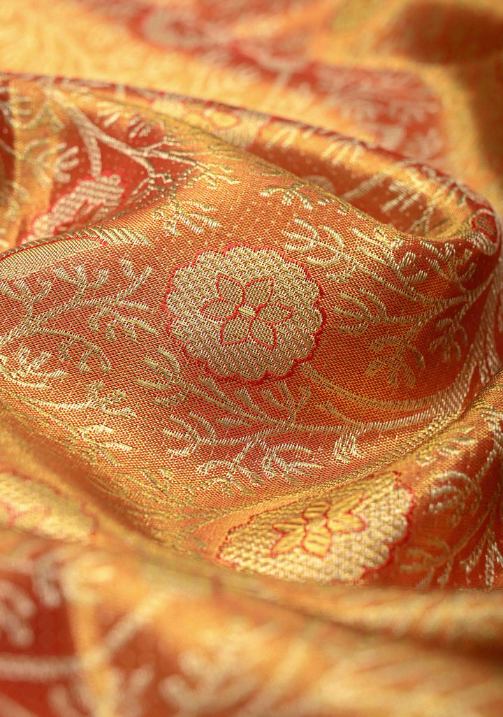 Mustard Dual tone Pure Kanjivaram Tissue Silk Saree with Meenakari Floral Brocade Jaal and Zari Border | SILK MARK CERTIFIED