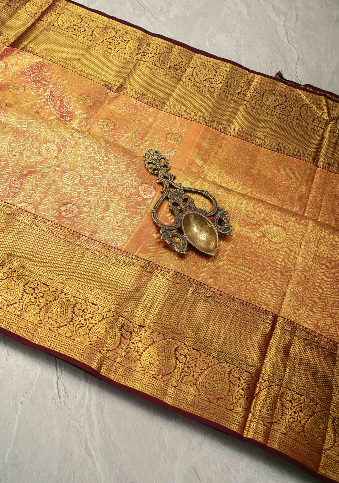 Mustard Dual tone Pure Kanjivaram Tissue Silk Saree with Meenakari Floral Brocade Jaal and Zari Border | SILK MARK CERTIFIED