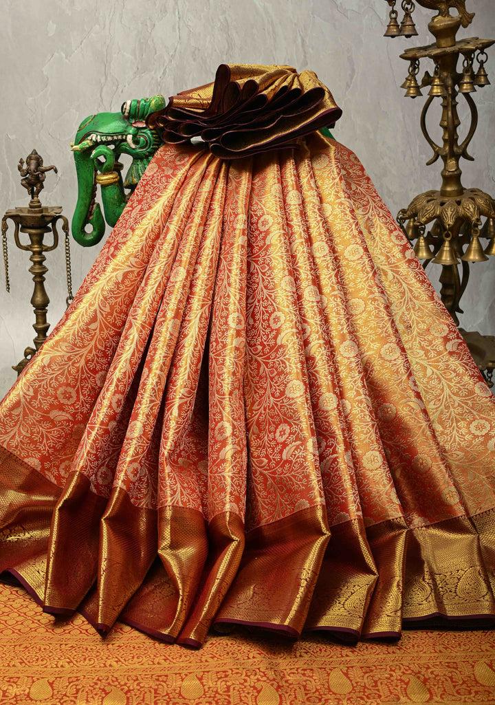 Mustard Dual tone Pure Kanjivaram Tissue Silk Saree with Meenakari Floral Brocade Jaal and Zari Border | SILK MARK CERTIFIED