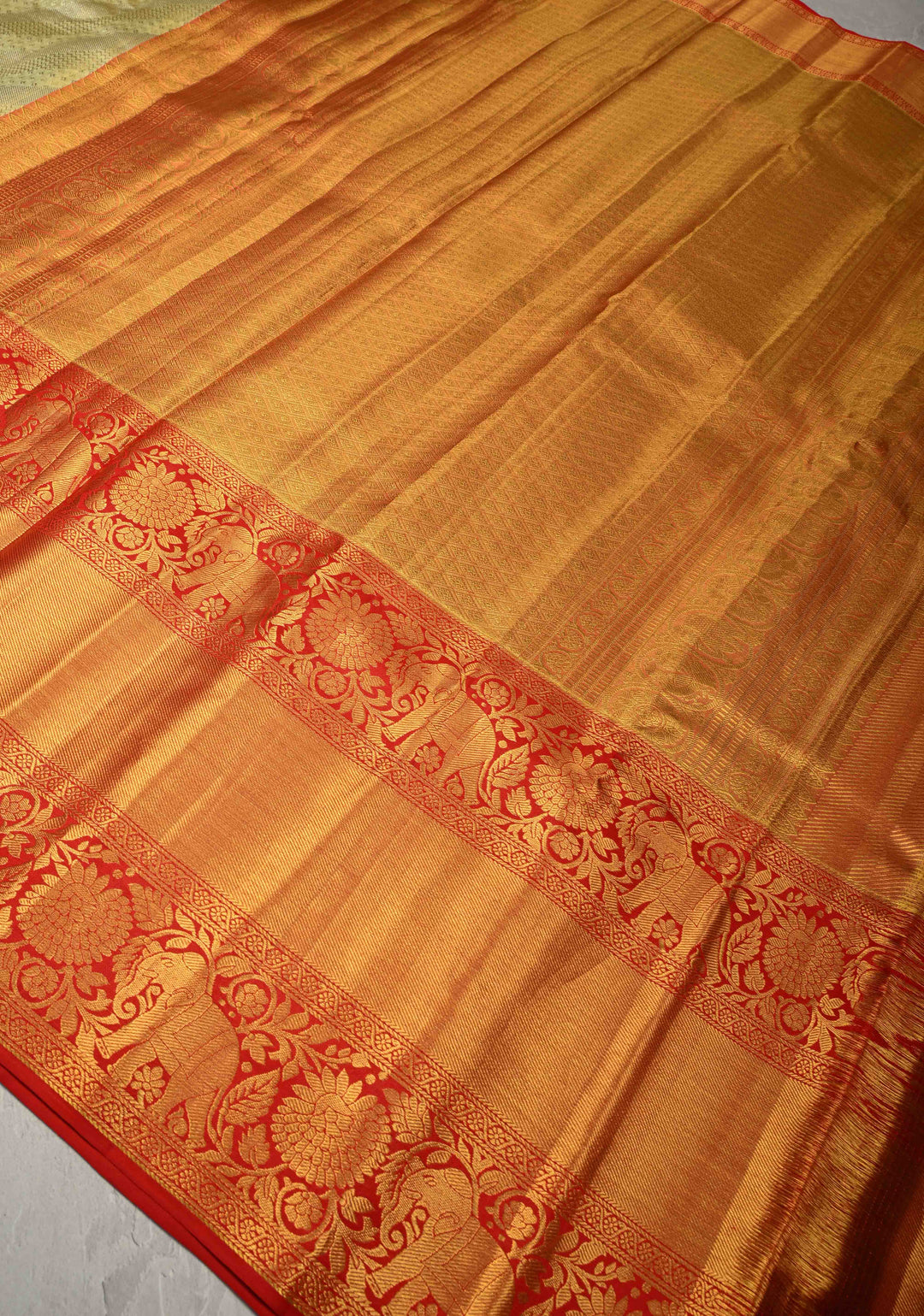 Pista Green Pure Kanjivaram Tissue Silk Saree with Diagonal Pattern Brocade and Contrast Skirt Zari Border | SILK MARK CERTIFIED