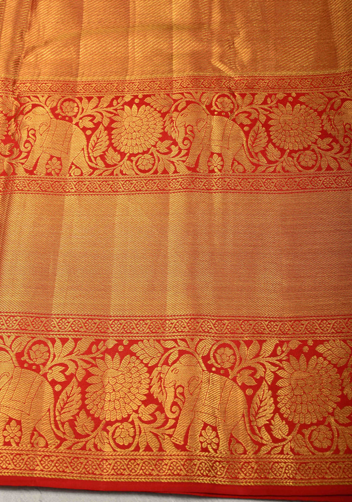 Pista Green Pure Kanjivaram Tissue Silk Saree with Diagonal Pattern Brocade and Contrast Skirt Zari Border | SILK MARK CERTIFIED