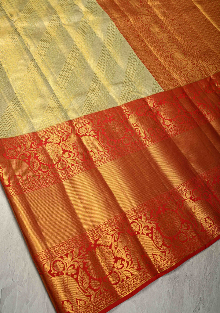 Pista Green Pure Kanjivaram Tissue Silk Saree with Diagonal Pattern Brocade and Contrast Skirt Zari Border | SILK MARK CERTIFIED