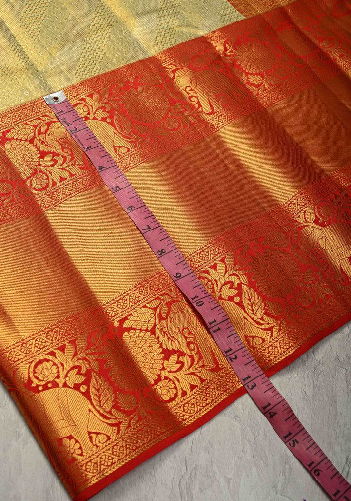 Pista Green Pure Kanjivaram Tissue Silk Saree with Diagonal Pattern Brocade and Contrast Skirt Zari Border | SILK MARK CERTIFIED