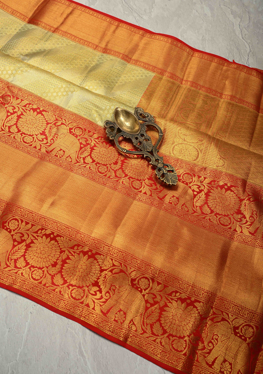 Pista Green Pure Kanjivaram Tissue Silk Saree with Diagonal Pattern Brocade and Contrast Skirt Zari Border | SILK MARK CERTIFIED