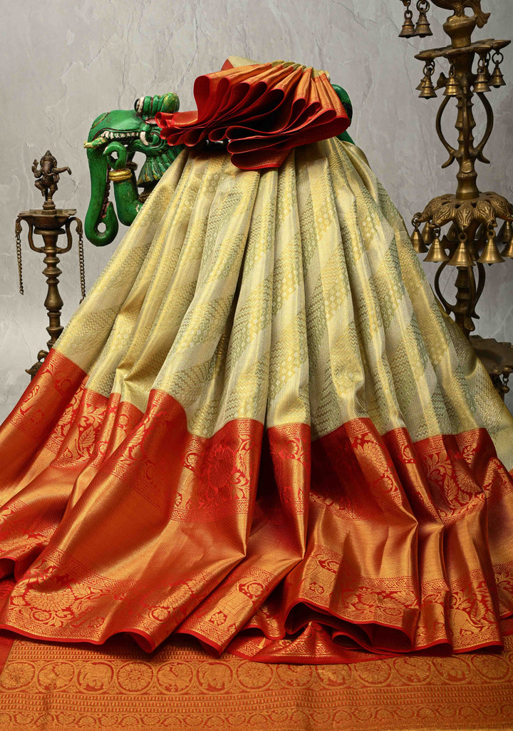 Pista Green Pure Kanjivaram Tissue Silk Saree with Diagonal Pattern Brocade and Contrast Skirt Zari Border | SILK MARK CERTIFIED