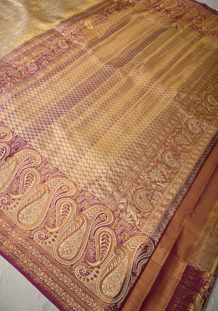 Beige Pure Kanjivaram Tissue Silk Saree with Meenakari Brocade Jaal and Contrast Pashmina Style Zari Border | SILK MARK CERTIFIED