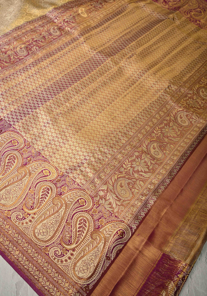 Beige Pure Kanjivaram Tissue Silk Saree with Meenakari Brocade Jaal and Contrast Pashmina Style Zari Border | SILK MARK CERTIFIED