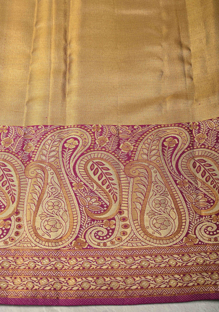 Beige Pure Kanjivaram Tissue Silk Saree with Meenakari Brocade Jaal and Contrast Pashmina Style Zari Border | SILK MARK CERTIFIED